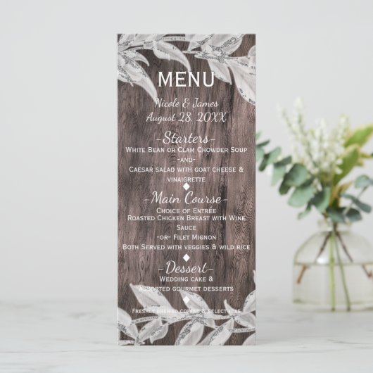 Feuille blanc & argent & Rustic Wood Elegant Menu (Debout devant)