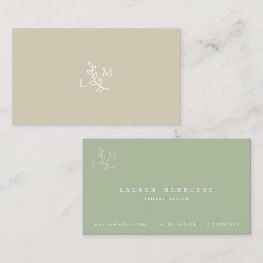 Feuille blanc Monogramme Beige & Carte de visite v (Devant / Derrière)