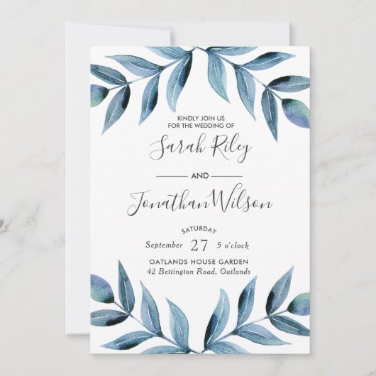 Feuille bleu Faire-part de mariage (Devant)