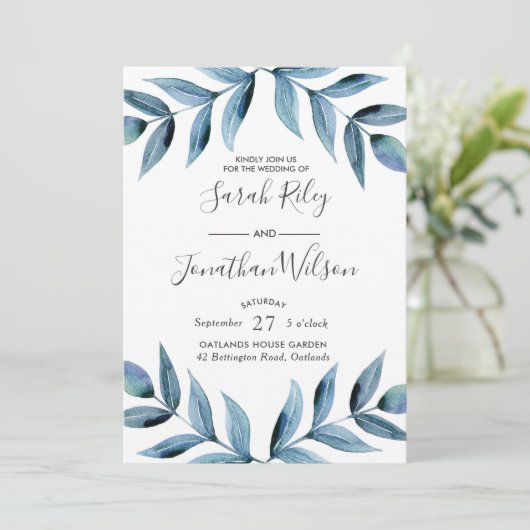 Feuille bleu Faire-part de mariage (Debout devant)