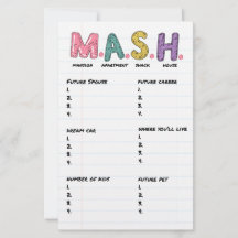 Feuille d'activité de jeu MASH pour anniversaire d