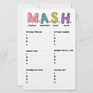 Feuille d'activité de jeu MASH pour anniversaire d