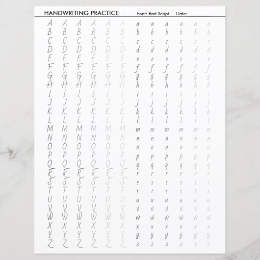 Feuille d'alphabet d'écriture de script incorrect (Devant)