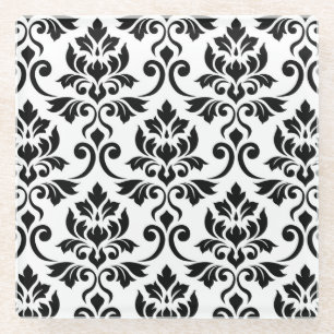Feuille Damask Pattern Black op White Glazen Onderzetter