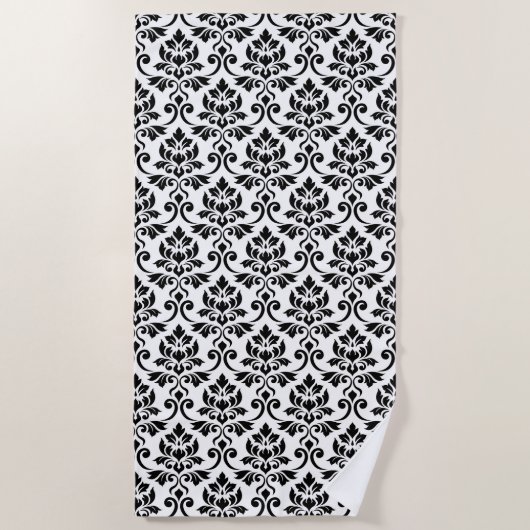 Feuille Damask Pattern Black op White Strandlaken (Voorkant)