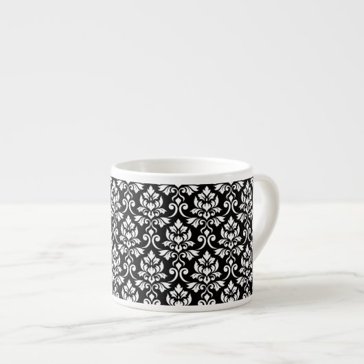 Feuille Damask Pattern White op Black Espresso Kop (Voorkant rechts)