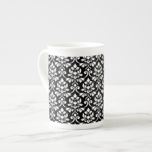 Feuille Damask Pattern White op Black Porselein Kop (Voorkant links)