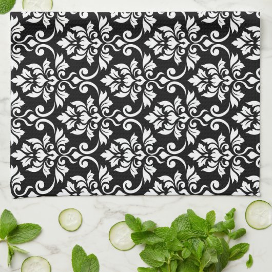 Feuille Damask Pattern White op Black Theedoek (Gevouwen)