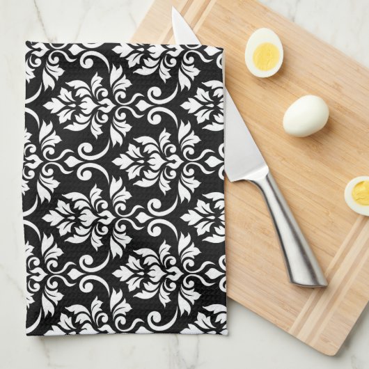 Feuille Damask Pattern White op Black Theedoek (Quarter Fold)