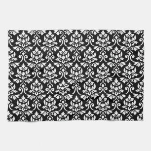 Feuille Damask Pattern White op Black Theedoek