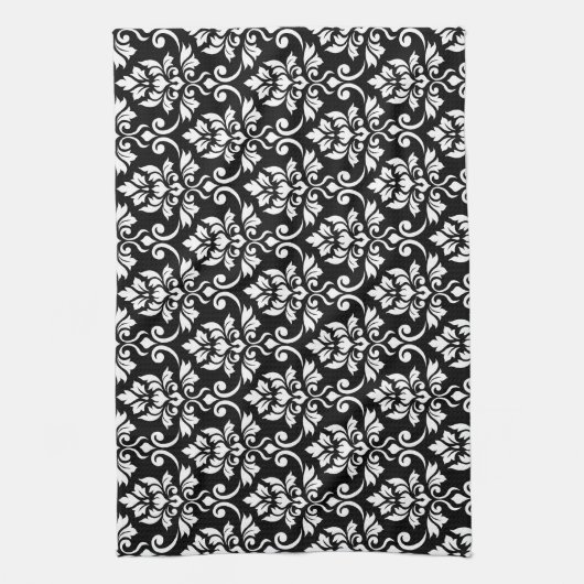 Feuille Damask Pattern White op Black Theedoek (Verticaal)