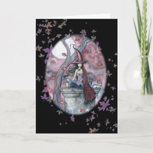 Feuille d'automne de carte de chat de sorcière de