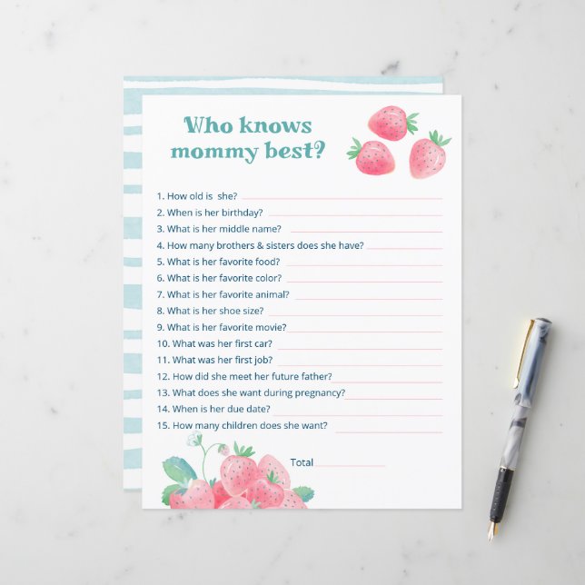 Feuille de baby shower jeu de fraises mignonnes. (Devant/Arrière en situation)