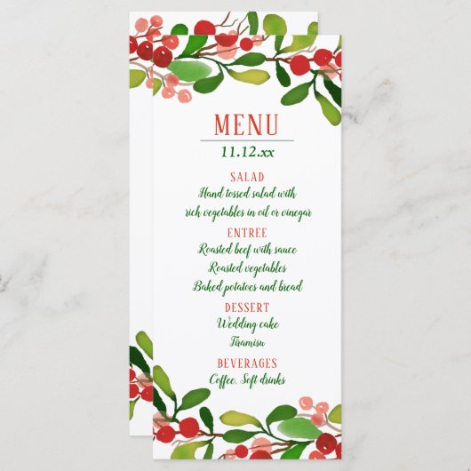 Feuille de houx Baie de Noël | Menu de mariage (Devant / Derrière)