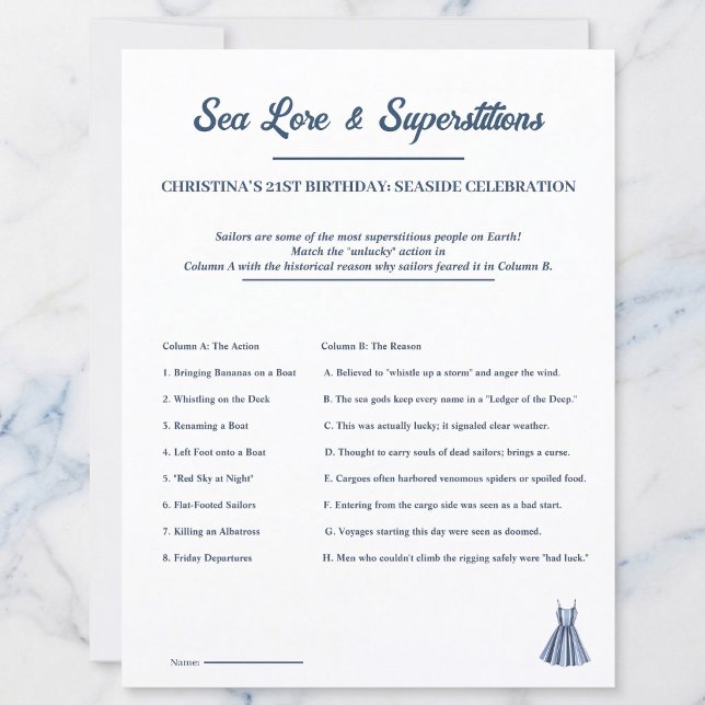 Feuille de jeu nautique : Légendes et superstition (Nautical sea lore party fun.)