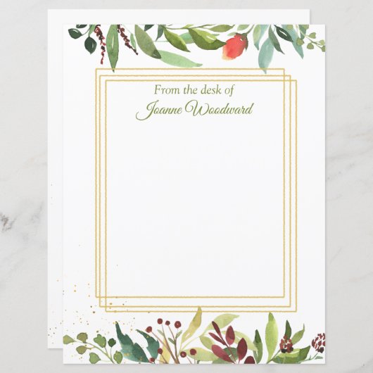 Feuille de papier bordée de feuillage de jardin d' (Devant / Derrière)