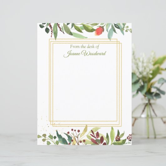 Feuille de papier bordée de feuillage de jardin d' (Debout devant)