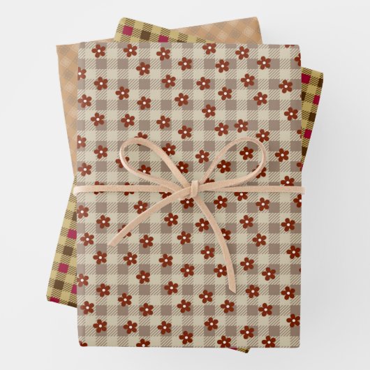 FEUILLE DE PAPIER CADEAU 花&チェック(ブラウン) +ギンガムチェック         (En situation)