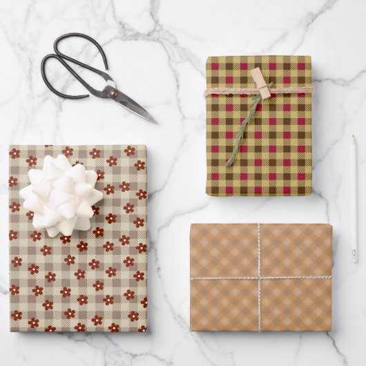 FEUILLE DE PAPIER CADEAU 花&チェック(ブラウン) +ギンガムチェック         (Recto)