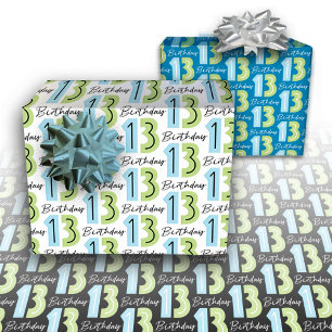 Feuille De Papier Cadeau 13e anniversaire chiffres bleu vert