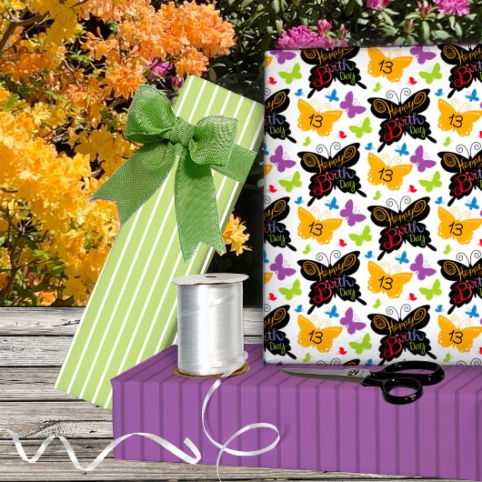 Feuille De Papier Cadeau 13e anniversaire papillons à la main