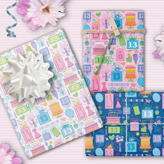Feuille De Papier Cadeau 13e anniversaire Pink Cake présente des ballons