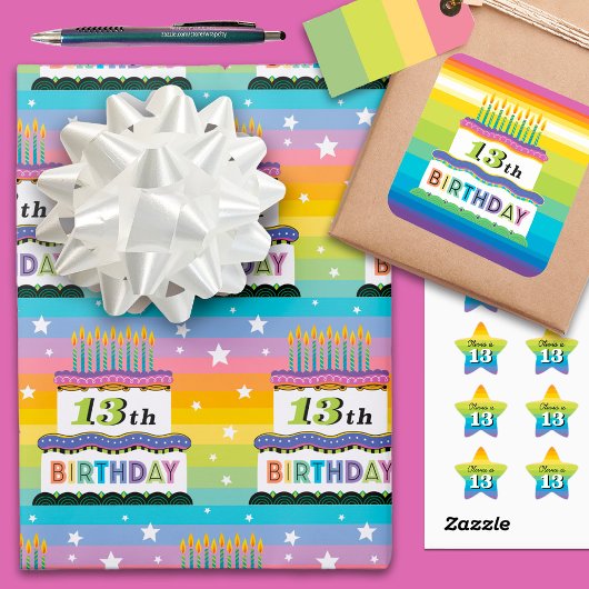 Feuille De Papier Cadeau 13e anniversaire Rainbow Stripes Cake