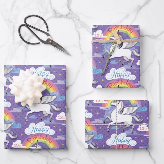 Feuille De Papier Cadeau 13e anniversaire Unicorn (Recto)