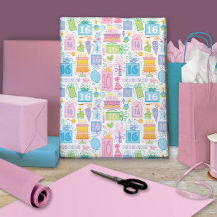 Feuille De Papier Cadeau 16e anniversaire Bright Pastel Cake présente des b