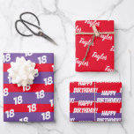Feuille De Papier Cadeau 18th Happy Birthday Ajouter un nom<br><div class="desc">Un 18e anniversaire de fête - Ajoutez un nom,  Customisez l'âge et dites Joyeux anniversaire avec ce 3 feuilles d'enveloppement cadeau personnalisé en violet,  rouge et blanc pour aider à célébrer la journée spéciale.</div>