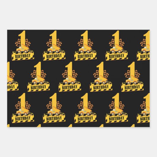 Feuille De Papier Cadeau 1er anniversaire Boy Construction Thème Motif (Devant)