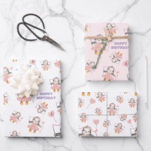 Feuille De Papier Cadeau 1er anniversaire mignon Ballerina Penguin rose