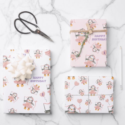 Feuille De Papier Cadeau 1er anniversaire mignon Ballerina Penguin rose (Recto)