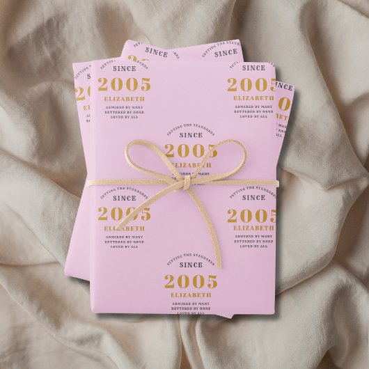 Feuille De Papier Cadeau 20th Birthday 2005 Ajouter le nom Pink Grey