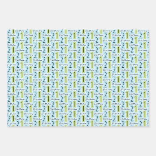 Feuille De Papier Cadeau 21e Anniversaire Numéros Bleu Vert (Devant)