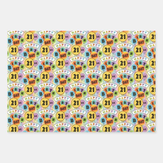 Feuille De Papier Cadeau 21e Joyeux Anniversaire Bright Typographie Ballons (Devant)