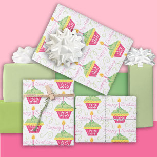 Feuille De Papier Cadeau 22e anniversaire Pink Green Cupcakes Wrapping Papi