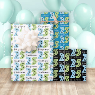 Feuille De Papier Cadeau 25e anniversaire chiffres bleu vert