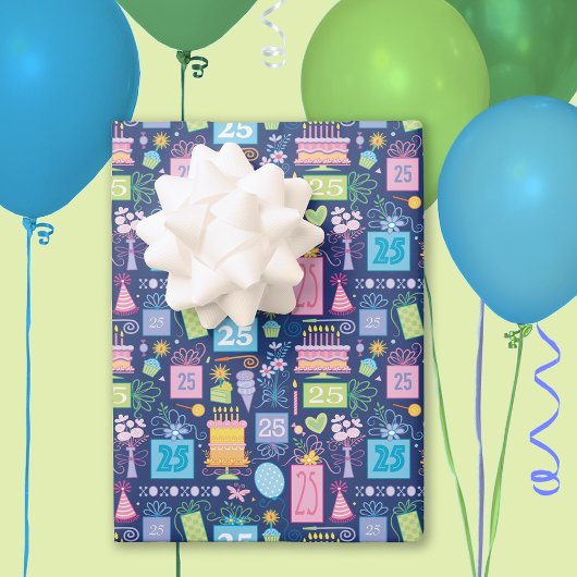Feuille De Papier Cadeau 25e Anniversaire Gâteau présente Ballons Bleu