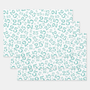 Feuille De Papier Cadeau 25e anniversaire Turquoise et blanc Motif de numér