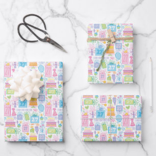 Feuille De Papier Cadeau 27e anniversaire Pastel Pink Cake présente des ba
