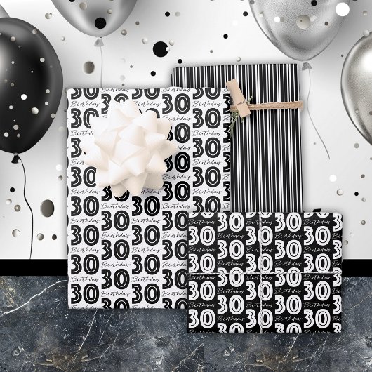 Feuille De Papier Cadeau 30e anniversaire Blanc Noir Typographie Stripes Ch