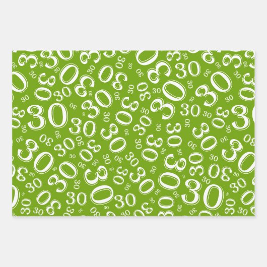 Feuille De Papier Cadeau 30e anniversaire Green & White Numéro Motif 30 (Devant)