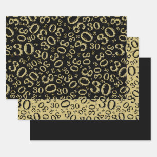 Feuille De Papier Cadeau 30e anniversaire Motif du numéro noir et or 30