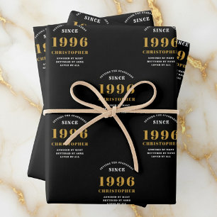 Feuille De Papier Cadeau 30e Anniversaire né 1996 Ajouter Nom Noir Or