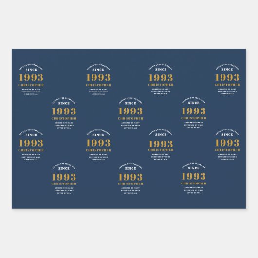 Feuille De Papier Cadeau 30th Birthday 1993 Blue Gold Ajouter un nom (Devant 2)
