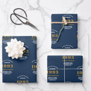 Feuille De Papier Cadeau 30th Birthday 1993 Blue Gold Ajouter un nom