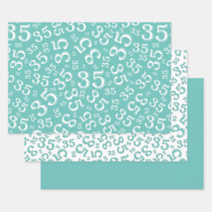 Feuille De Papier Cadeau 35e anniversaire Turquoise et blanc Motif 35
