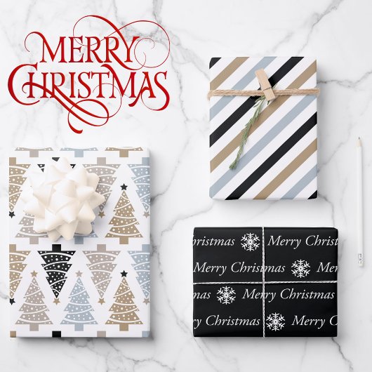 Feuille De Papier Cadeau 3 Coordination Black White Arbres de Noël