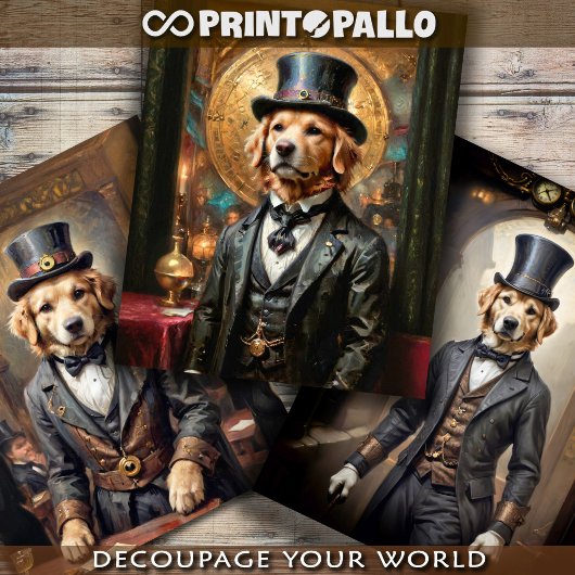 Feuille De Papier Cadeau 3 Golden Retriever en Belle Epoque